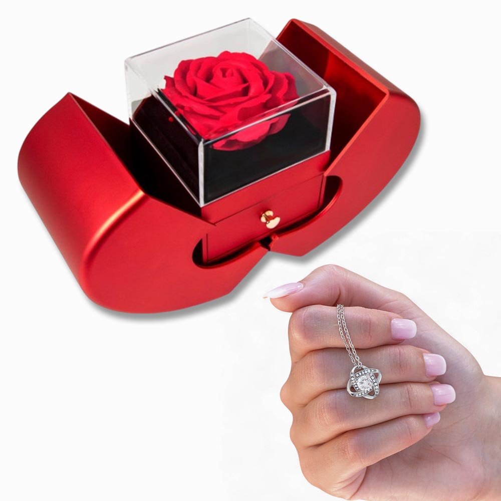 Love Knot Necklace & Red Heart Rose Box Gift Set