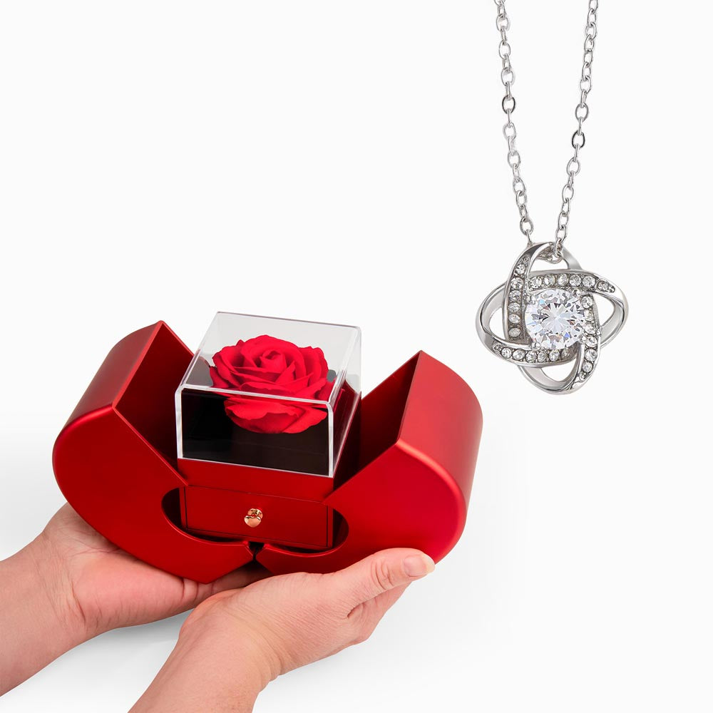 Love Knot Necklace & Red Heart Rose Box Gift Set