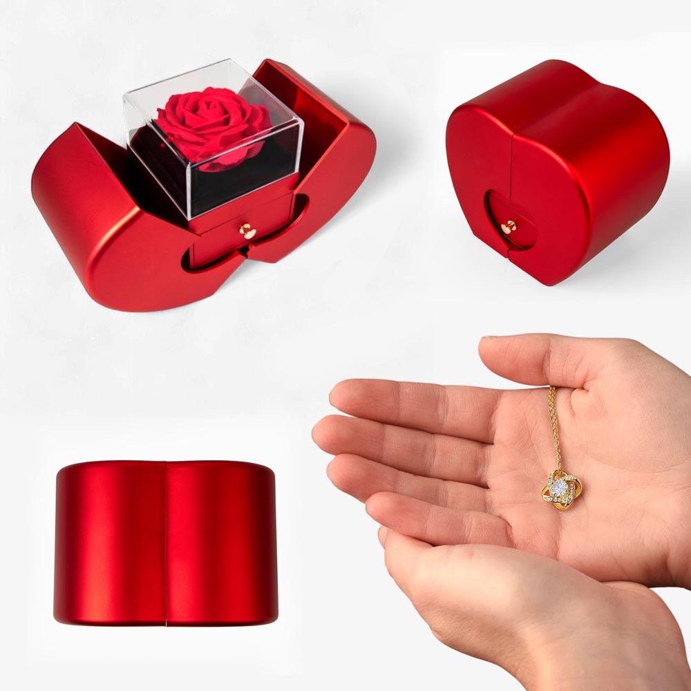 Love Knot Necklace & Red Heart Rose Box Gift Set