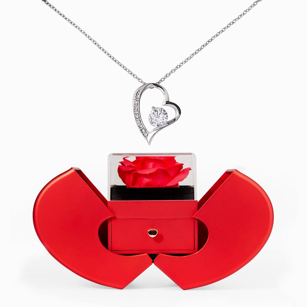 Forever Love Necklace & Luxury Red Rose Heart Box Set