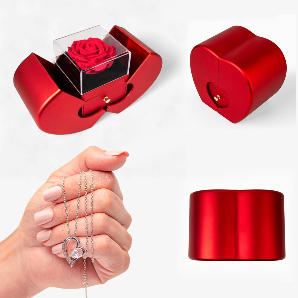 Forever Love Necklace & Luxury Red Rose Heart Box Set