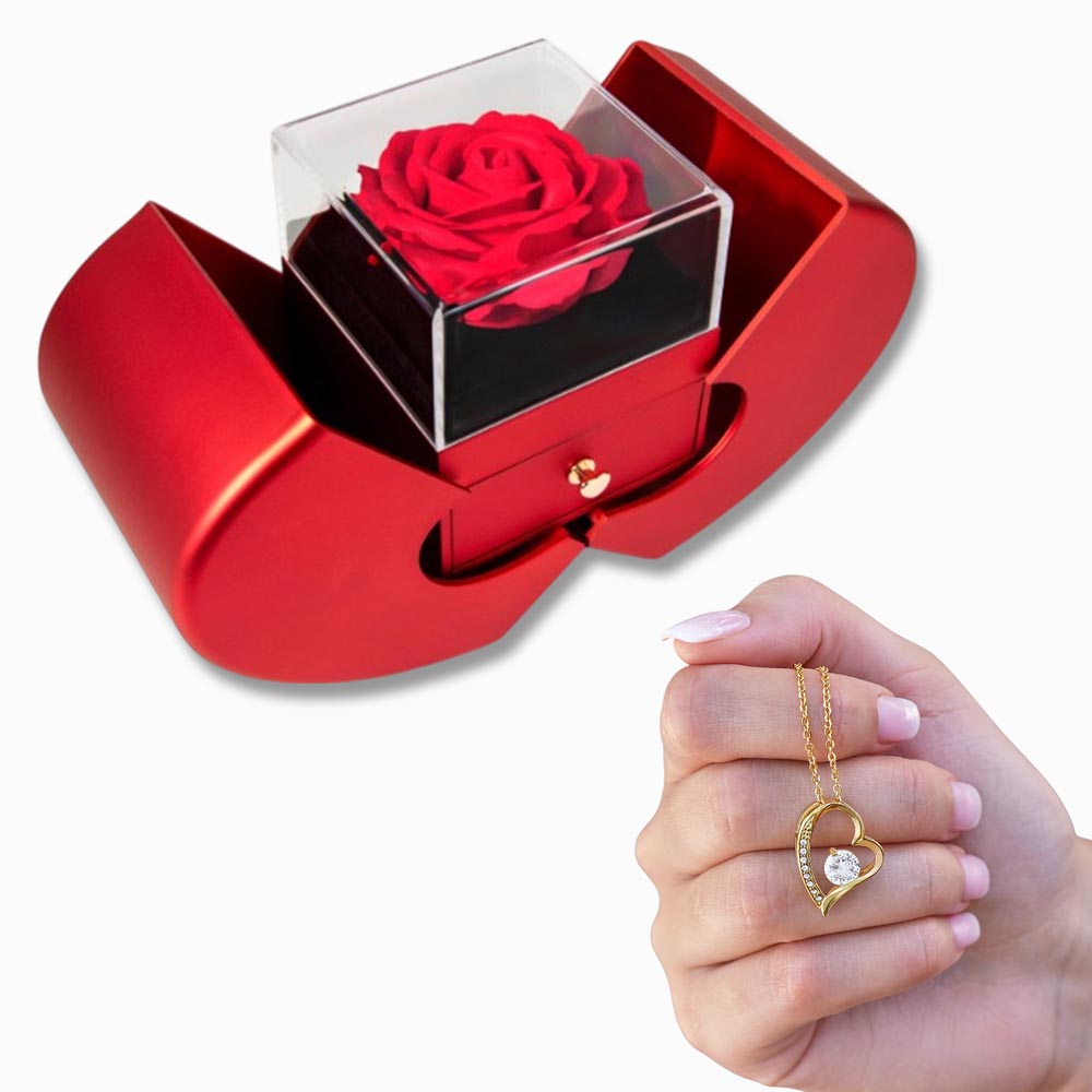 Forever Love Necklace & Luxury Red Rose Heart Box Set
